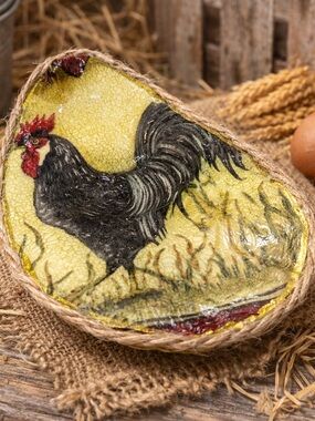 Hand-Painted Rooster Decorative Ring Holder Yellow and Black